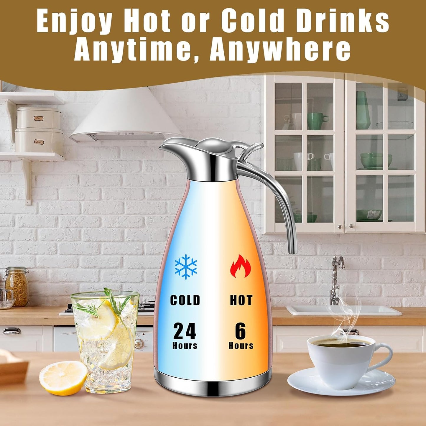 Uiifan 2 Pcs 68 oz Thermal Coffee Carafe Insulated Stainless Steel Coffee Carafe for Hot Liquids Vacuum Thermal Pot Creamer Dispenser with Brushes Keeping Hot Tea Milk Water(Rose Gold)