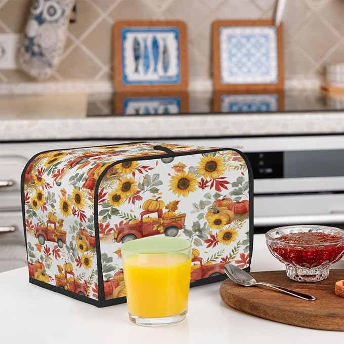2 Slice Fall Toaster Cover,Thanksgiving Farm Truck Sunflower Small Kitchen Appliance Bread Machine Cover with Pockets,Dust & Fingerprint Protection