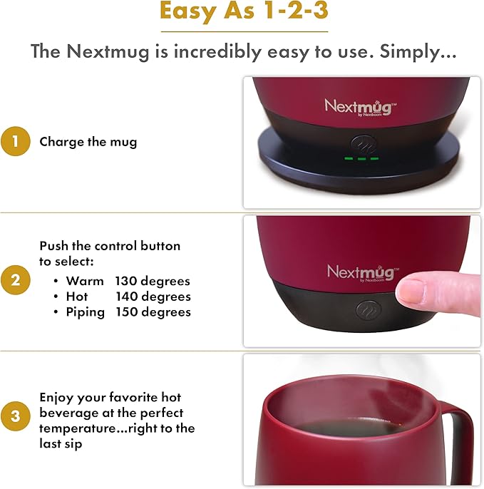 Nextmug - Temperature-Controlled, Self-Heating Coffee Mug (Burgundy - 14 oz.)
