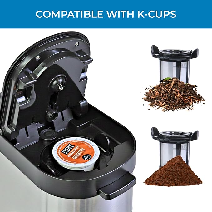 Kenmore Single Serve Coffee Maker – 6–12 Oz Brew Sizes, Compatible with Keurig K‑Cup Pods & Ground Coffee, One Cup Brewer, Travel Mug Friendly, Auto Shut‑Off, Hot & Iced Machine à café, Black