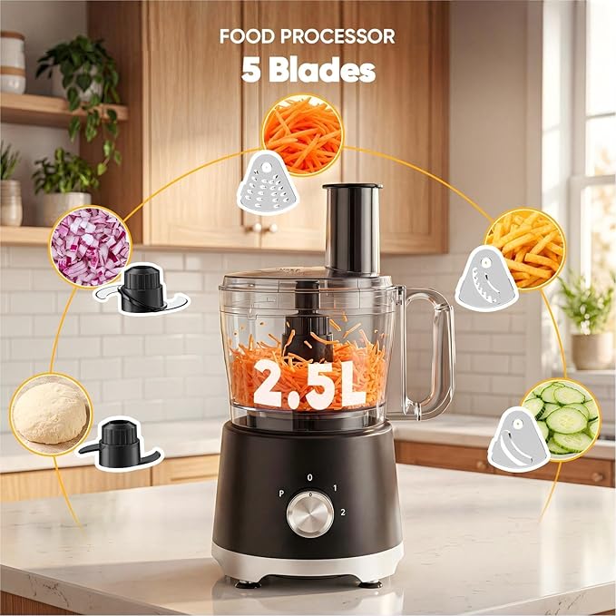 OLIXIS Food Processor 10.5 Cup, Vegetable Choppers with Slicing Shredding Chopping Kneading, Dishwasher Safe, Food Grinder, Stainless Steel Blades, for Smoothie Fruit Dough, 2.6QT, Black