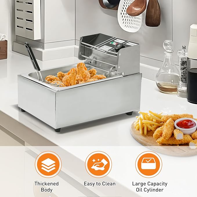 Electric Deep Fryer – 6L Large Capacity Deep Fryer with Detachable Basket, Adjustable Temperature Control, 1600W Stainless Steel Commercial Fryer for Restaurant & Home – Perfect for Chicken, Fries