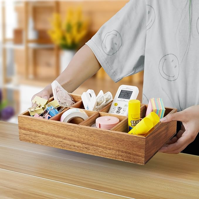 DRASTAR Acacia Wooden Tea Bag Organizer with 8 Slots, Sugar Packet Holder and Tea Bag Caddy Box for Countertop