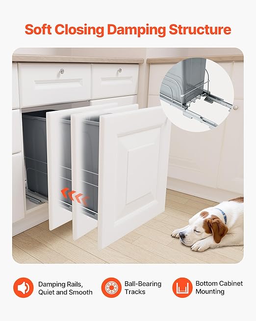 VEVOR Pullout Trash Can for Kitchen Cabinets, 35 QT Garbage Waste Recycling Bin, Under Mount Waste Container, with Heavy Duty Metal Soft Close Sliding System and Door Kit, for Sink, Under Counter