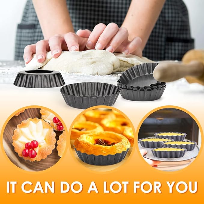 12 pcs Egg Tart Molds, 3" Mini Tart Pans Removable Bottom, Cupcake Cake Muffin Mold Tin Pan Baking Tool, Reusable Quiche Bakeware Carbon Steel for Pies, Quiche, Cheese Cakes, Desserts