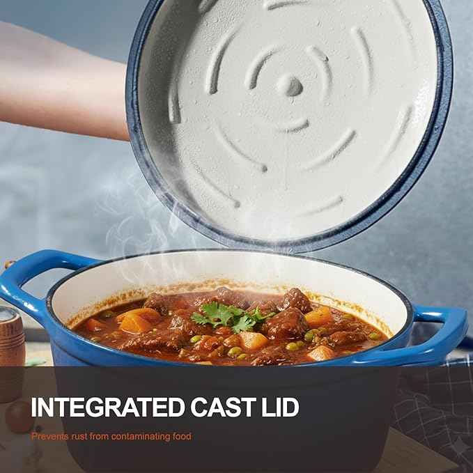 Overmont Refined Enameled Cast Iron Dutch Oven - 5.5QT Pot with Wide Handles Lid Cookbook & Cotton Potholders - Heavy-Duty Pre-Seasoned Cookware Oven Safe to 500°F for Braising, Stews, Roasting, Bread Baking