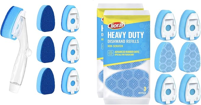Dishwand Refills Soap Control Handle,6 Heavy Duty Dish Wand Sponge Heads,Non Scratch Scrubbers Replacement Refill Brush Dispenser,Dishwashing Scrub