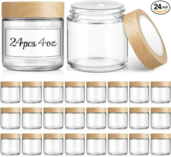 24Pcs 4 oz Small Glass Jars with Lids, Bumobum Clear Cosmetic Jars with Plastic Woodgrain Lids, 120ml Refillable Empty Containers for Cream, Salve, Powders and Lotion Storage