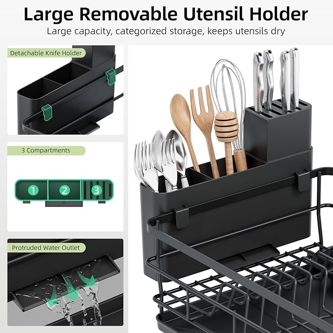 TOOLF Extendable Dish Drying Rack, Multifunction Dish Rack for Kitchen Counter, Large Expandable Dish Drainer,Dryer Rack with Drainboard & Utensil Holder, Black
