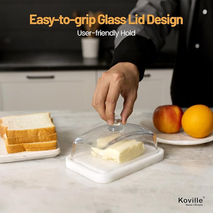 Koville White Marble Butter Dish with Lid for Countertop and Refrigerator Door Shelf, White Marble Butter Keeper, Stone Butter Dish with Lid, Airtight Butter Keeper Container, Dishwasher Safe