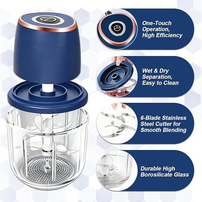 Electric Garlic Chopper, 2026 Upgraded Mini Food Processor 350ml, Cordless USB Rechargeable Food Chopper with 6 Stainless Steel Blades & Thickened Glass for Garlic Ginger Nuts Meat (350ml-Blue)
