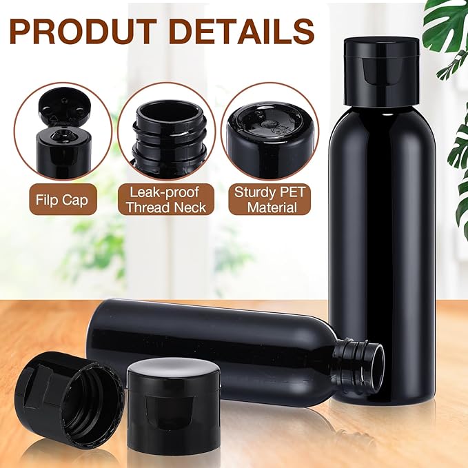Zhehao 200 Pcs 2 oz Black Plastic Empty Bottles Small Travel Size Bottles with Flip Cap Empty Transparent Dispenser Container for Liquids Toiletries Shampoo Lotion(Black Cap)