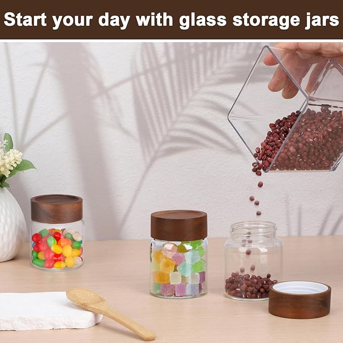 5oz Glass Jars with Wood Lids, 2 Pack 160ml Clear Glass Mason Jars with Airtight Wooden Lids, Screw Top Coffee Canister, Kitchen Pantry Storage Containers for Sugar, Spice, Tea, Candy, Nuts