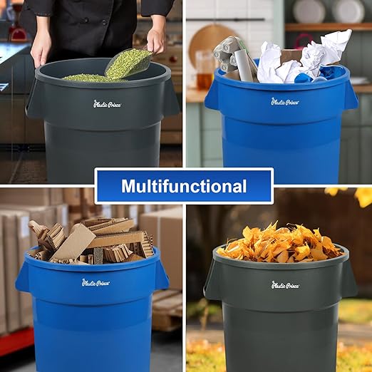 PLASTIC PRINCE 32 Gallon Round Trash Can with Lid and Dolly Blue Plastic Commercial Garbage Container for Home Garage Restaurants Warehouses - Bundle
