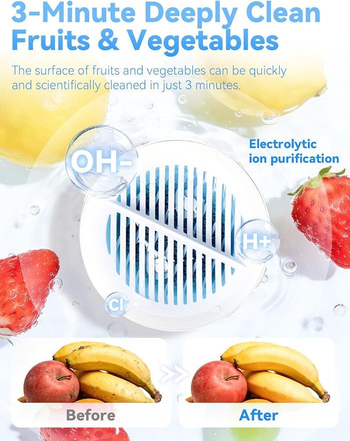 Fruit and Vegetable Cleaner - 3-Minute Clean, Fruit Washer with Electrolysis Purifier Technology, Magnetic Charging, Portable Wireless Veggie Wash for Washing Fruits, Vegetables, Rice, Meat (1PCS)