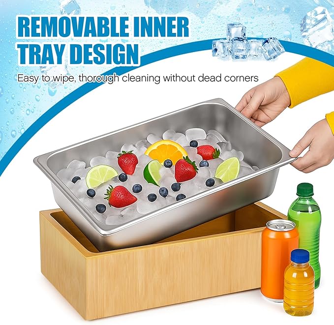 Ice Housing Bin with Removable Tray Ice Holder Container Wine Beer Champagne Drink Bucket Beverage Tub for Freezer Display Buffet Bar Counter Party Drink Chiller(Bamboo and Steel,21" X 13" X 5.5")