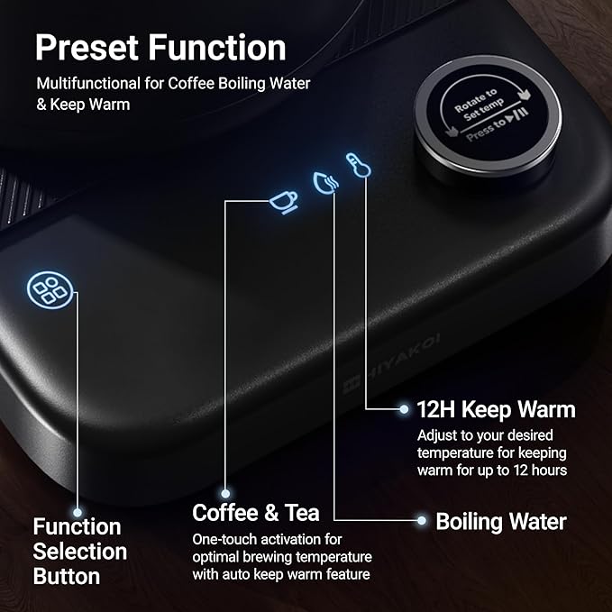 Gooseneck Electric Kettle HIYAKOI with ±1℉ Temperature Control, Pour Over Kettle for Coffee & Tea, 1200W Rapid Heating, Stainless Steel Water Boiler with 12H Keep Warm & Built-in Timer, 0.8L/27oz
