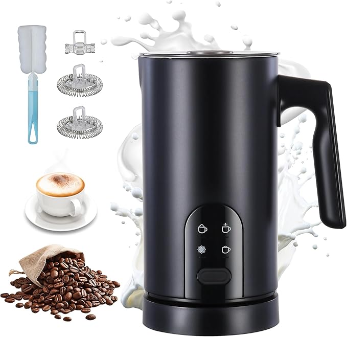 Electric Milk Frother Automatic Hot & Cold Foam Maker Auto Shut-Off Durable Stainless Steel Milk Frother with 4 Functions Enjoy Perfect Milk Froth in 2 Min for Coffee, Latte, Macchiato (Black)