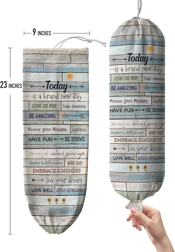 Hglian Inspirational Grocery Bag Storage Dispenser Today Is A New Day Quotes Plastic Bag Holder Organizer Container for Shopping Trash bags -Teal Motivational Kitchen Décor Canvas Art 23x9