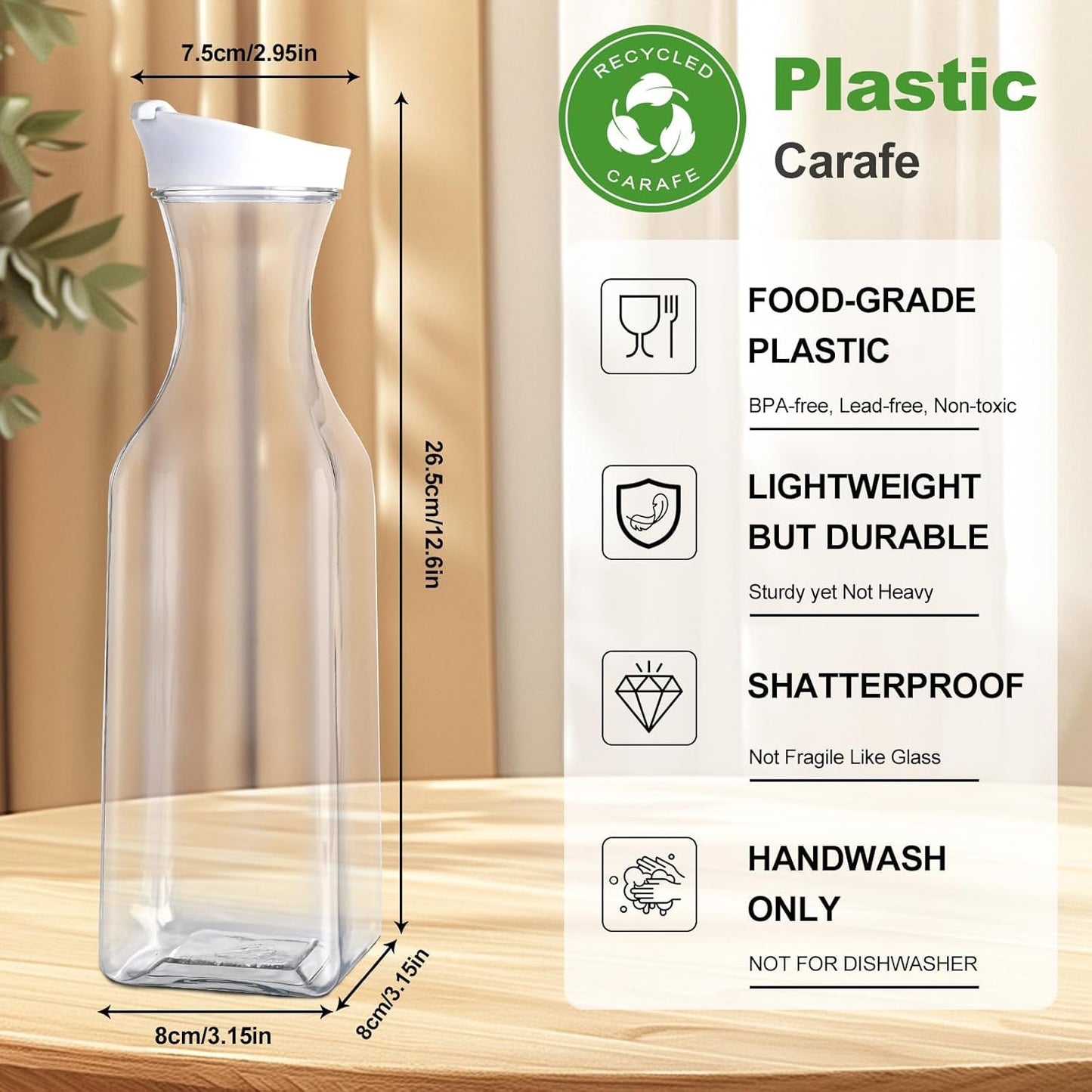 Set of 8 Plastic Carafe with Lid, 1 Liter Carafes for Mimosa Bar，Large Square Base Juice Containers, Water Bottle, Milk Container, Clear Beverage Containers for Fridge