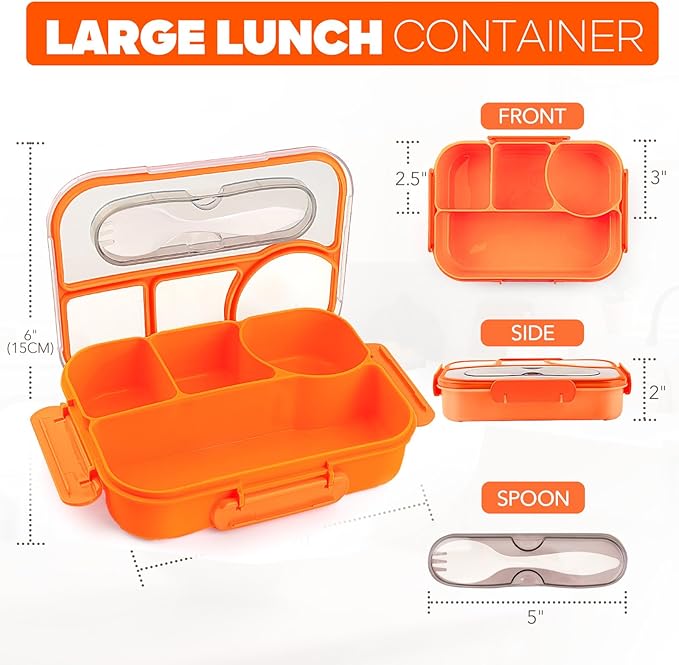 EASYFUN Bento Box Adult, Lunch Box, 4-Compartment Lunch Containers, Drop-Proof, Dishwasher Safe & Made with BPA-Free Materials (Orange)