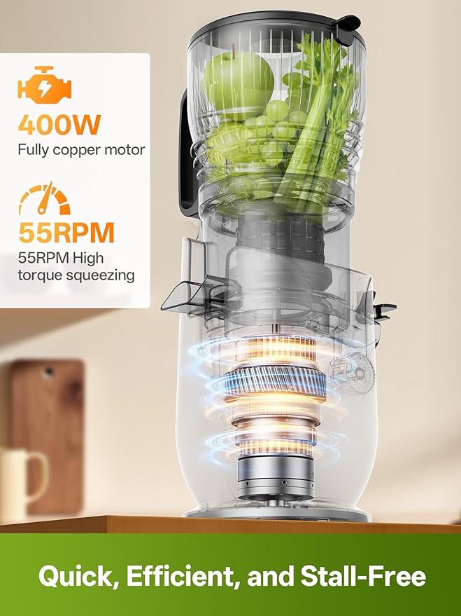 Juicer Machines with 5.8" Large Feed Chute, 400W Cold Press Juicer for Whole Vegetables and Fruits, Slow Masticating juicer Easy to Clean Juice Extractor Machine High Juice Yield