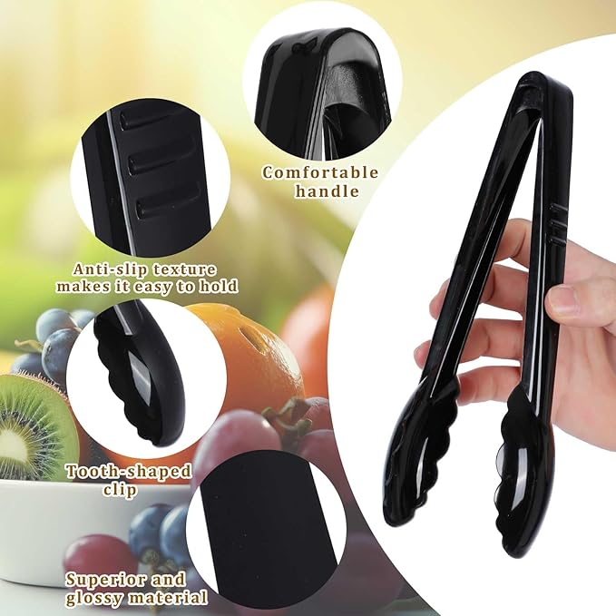 12 Pc Serving Tongs 9 Inch Bulk Reusable or Disposable Plastic Tongs Heavy Duty Hard Plastic Serving Utensils Set Large Salad Tong for Kitchen Party Food Buffet Appetizer BBQ Event Catering(Black）