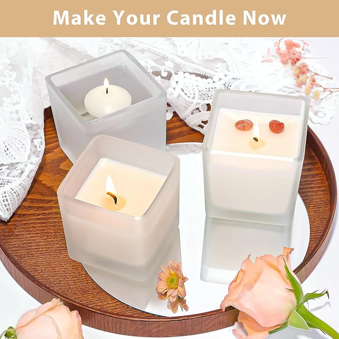 CONNOO 12 Pack 9 OZ Frosted Square Candle Jars for Making Candles, Thick Glass Bulk Empty Candle Containers with Airtight Bamboo Lids for Candle Making, Sticky Warning Labels - Dishwasher Safe