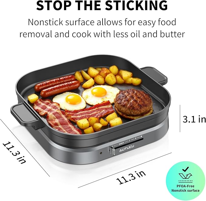 AUTUCU T2NA 2-in-1 Electric Griddle Nonstick Flat Grill, PFOA-Free Ceramic-Coated Surface | Easy to Clean, 1200W, Square 11.3" (Includes Tongs)