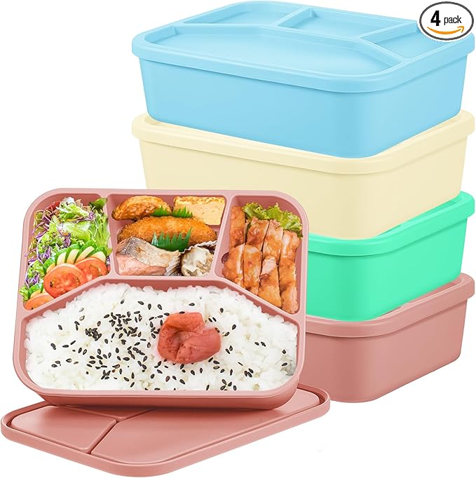 Ziliny 4 Pcs Silicone Bento Box Reusable Lunch Container Smooth Leak Proof Lunch Box Rectangle Bento Boxes for Adult Work Travel Food Meal Compartment Storage, 4 Colors (Bright Colors)