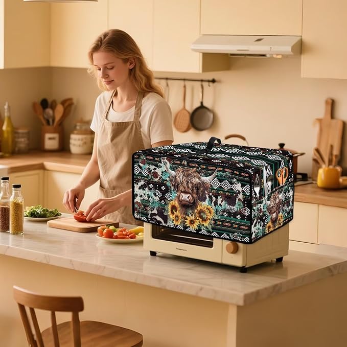Toaster Oven Dust Cover Washable Fabric Convection Oven Cover Protector Compatible with Various Small Kitchen Appliances, M, Aztec Highland Cow Sunflower