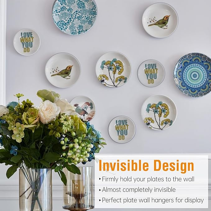 Bilillo 12 Pack Plate Hangers for the Wall, Suitable for 4-5 Inch Decorative Plate, Invisible Heavy Duty Wire Plate Holder with Wall Hooks, Plate Hangers for Displaying Plates, Platter, Dish