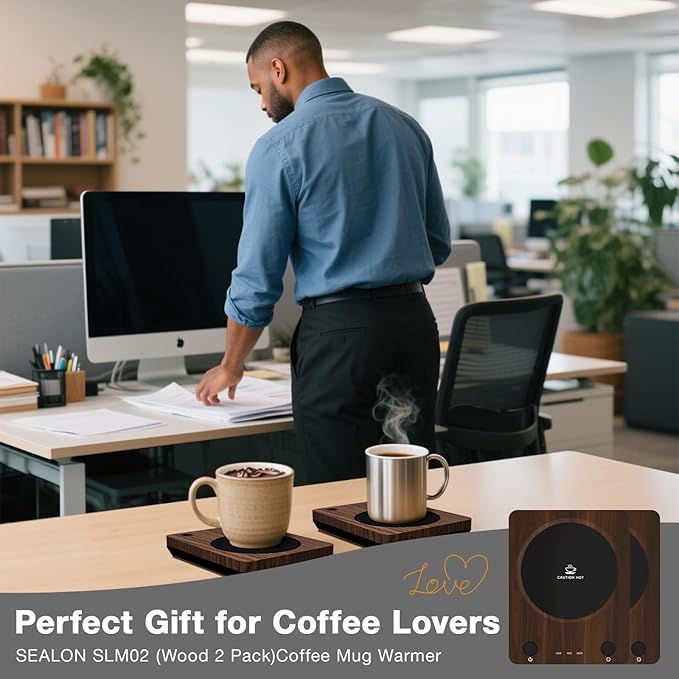 SEALON SLM02 Electric Coffee Mug Warmer (Wood, 2-Pack) - 3-Temperature Desk Cup Warmer with Auto Shut-Off (4 Hours) for Heating Coffee, Tea, Milk & Beverages