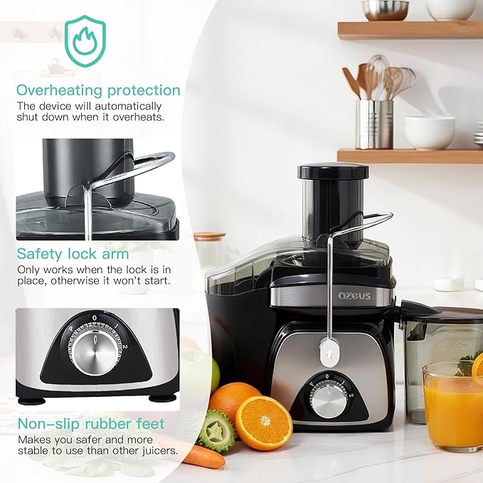 AZEUS Centrifugal Juicer Machines, Juice Extractor with Germany-Made 163 Chopping Blades (Titanium Reinforced) & 2-Layer Centrifugal Bowl, High Juice Yield, Easy to Clean, Anti-Drip,100% BPA-Free