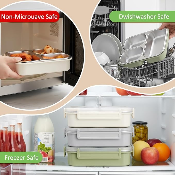 3 Pack Stainless Steel Lunch Box for Kids 25oz 3 Compartment Leak-proof Metal Bento Box with Lid Fork Spoon Meal Prep Snack Container for Adults Office Outdoor Gym, Dishwasher Safe