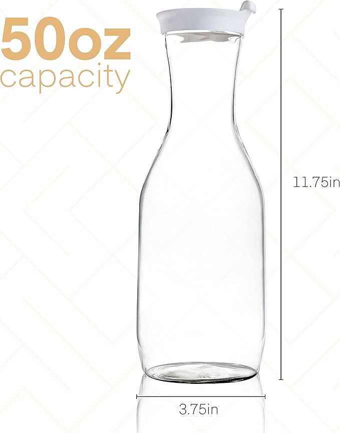 Clear Plastic Water Pitchers Carafes with Flip top Lids Heavy Duty Beverage Pitcher Jug for Juice or iced Coffee Great for Mimosa bar Restuarants ot Schools (3, 50 OZ)