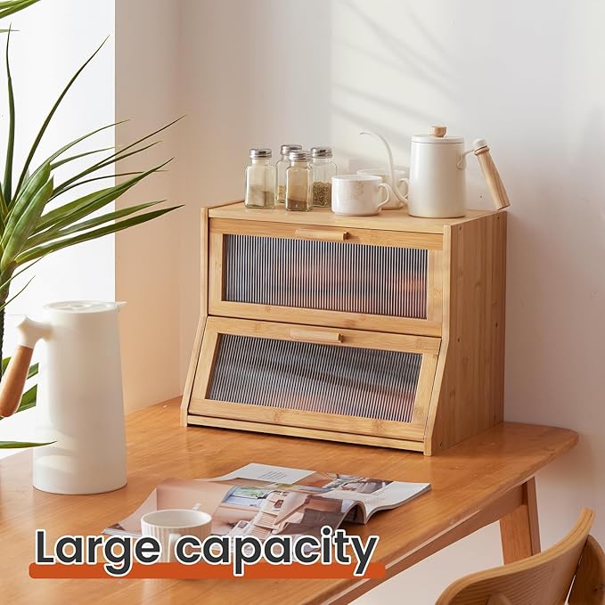 GHWIE Double Layer Bamboo Bread Box for Kitchen Counter,Large Capacity Bread Storage Bin,Bread Container with Acrylic Wavy Door Panel (Natural, Medium)