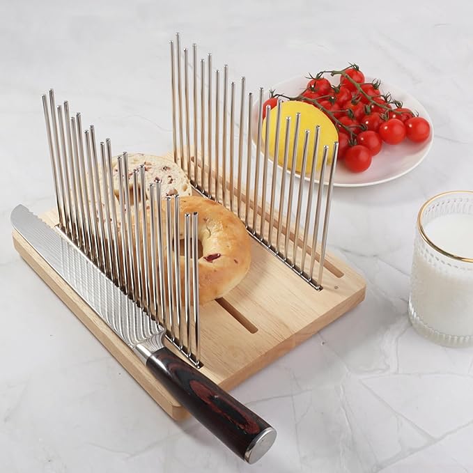 Bread Slicer, Stainless Steel Bread Slicer for Homemade Bread,Adjustable Bread Slicing Guide, Foldable and Compact Cutting Guide, Durable and Stable Wooden Structure for Bread Loaf Slicer