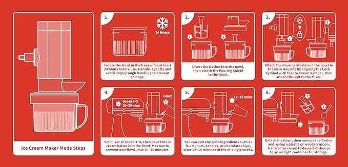 2 in 1 Ice Cream Maker and Shaved Ice Attachment for KitchenAid Stand Mixers, 2 Small Ice Cream Bowls, Snow Cone Machine with Coarse and Fine Blades, 8 Ice Molds