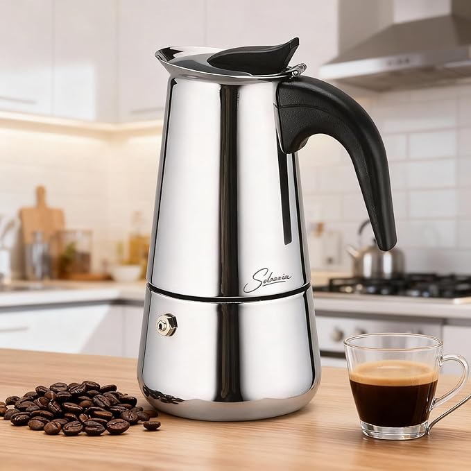 Espresso Maker 9 Cup Moka Pot Stainless Steel Percolator coffee pot, Compatible with Gas, Electric, Ceramic, and Induction stovetops(15 fl oz/450 ml)