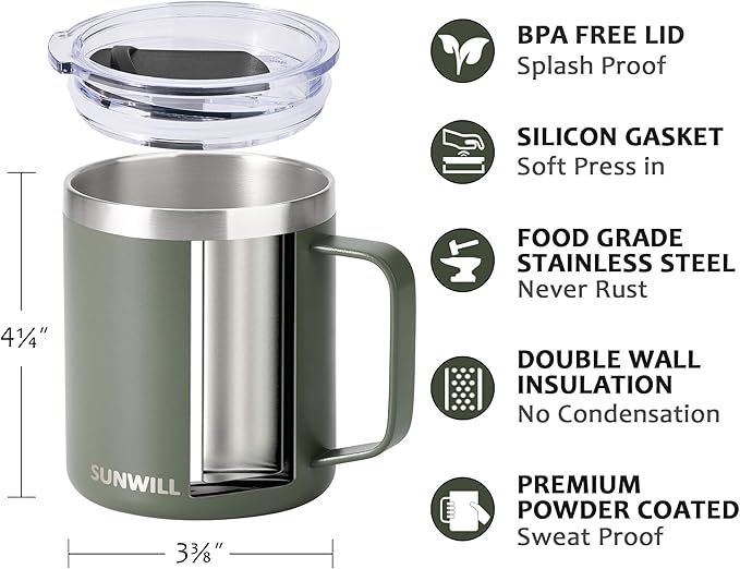 SUNWILL Travel Coffee Mug with Lid, Insulated Tumbler with Handle, 14 oz Stainless Steel Cup for Home, Office, Camping, Powder Coated Camp Green