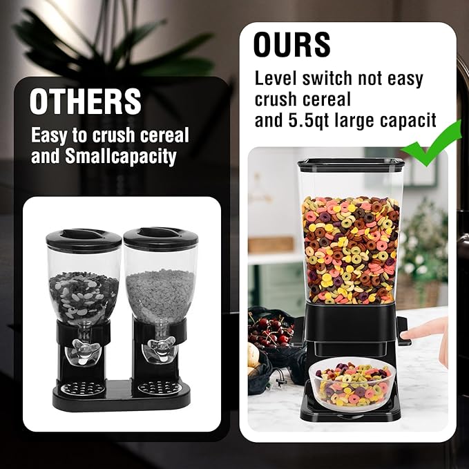 Cereal Dispenser Countertop,5.5L Cereal Containers Storage Dispenser for Pantry,Dry Food Storage Rice Containers,Candy Dispenser,Snack Organizer Machine for Grains, Nuts,Oatmeal, Pet Food Black