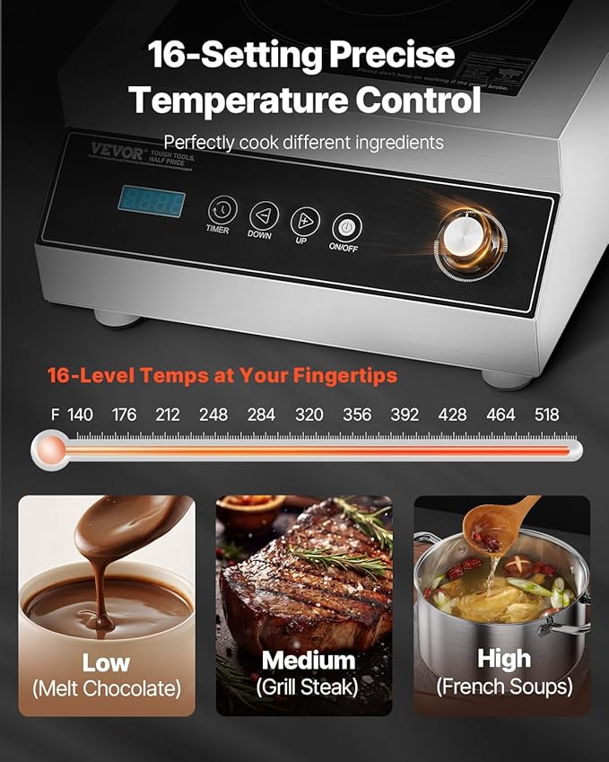 VEVOR Portable Commercial Cooktop, 5000W Induction Burner with 16 Temp Settings, Stainless Steel Countertop Induction Hot Plate with 4H Timer, Child Lock