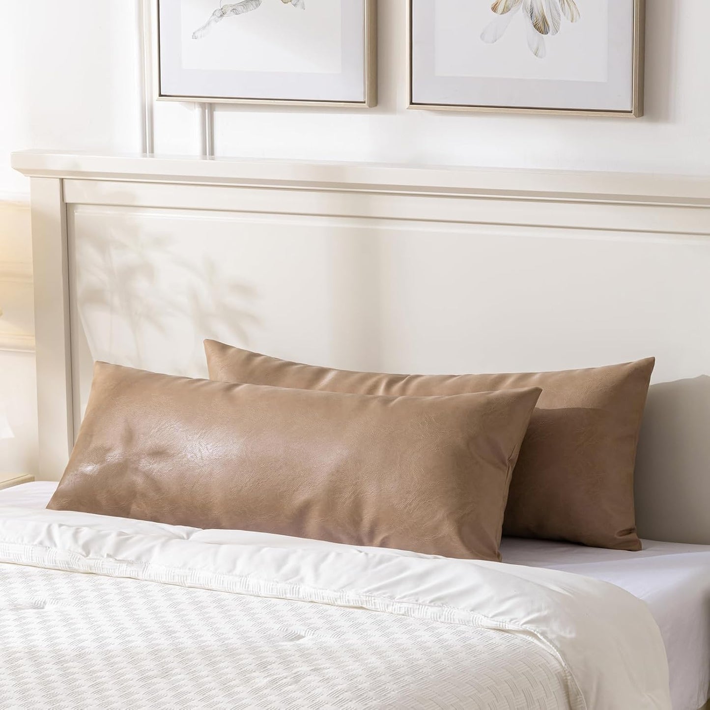 Fancy Homi Tan Long Lumbar Faux Leather Body Decorative Throw Pillow Cover 14x36 Inch for Bedroom Couch Bed Bench, Thick Beige Solid Rectangular Waterproof Cushion Case, Boho Farmhouse Room Decor