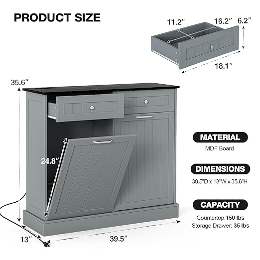 GAZHOME 20 Gallon Double Tilt Out Wooden Trash Cabinet with Charging Station, Upgrade Free Standing Recycling Cabinet with Outlet,Gray