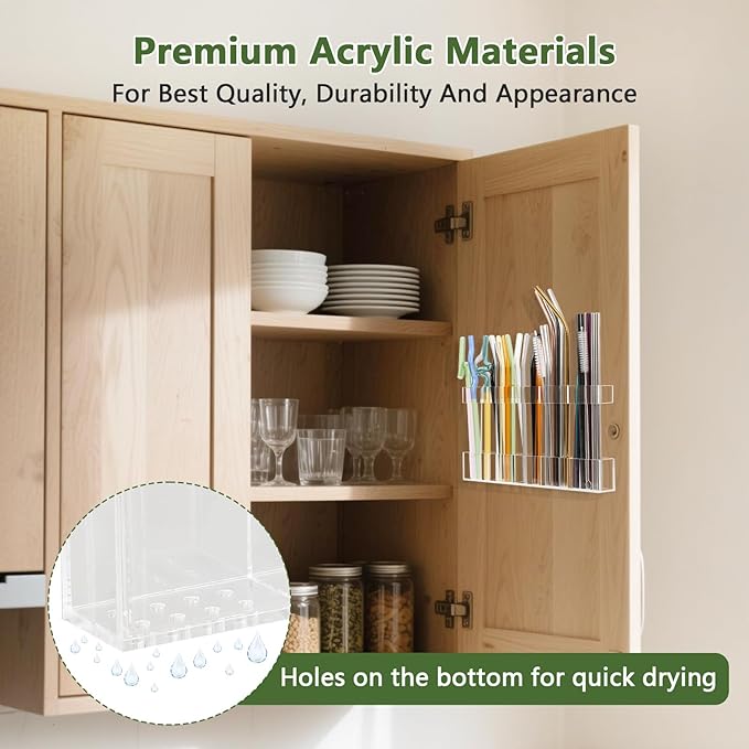 Acrylic Straw Holder for Cabinet Door - Reusable Tumbler Straw Organizer Storage, Small Kitchen Accessories Container, Ultra Sticky Cupboard Door Mounted (Transparent, Large 9.5" (Most Cabinets))