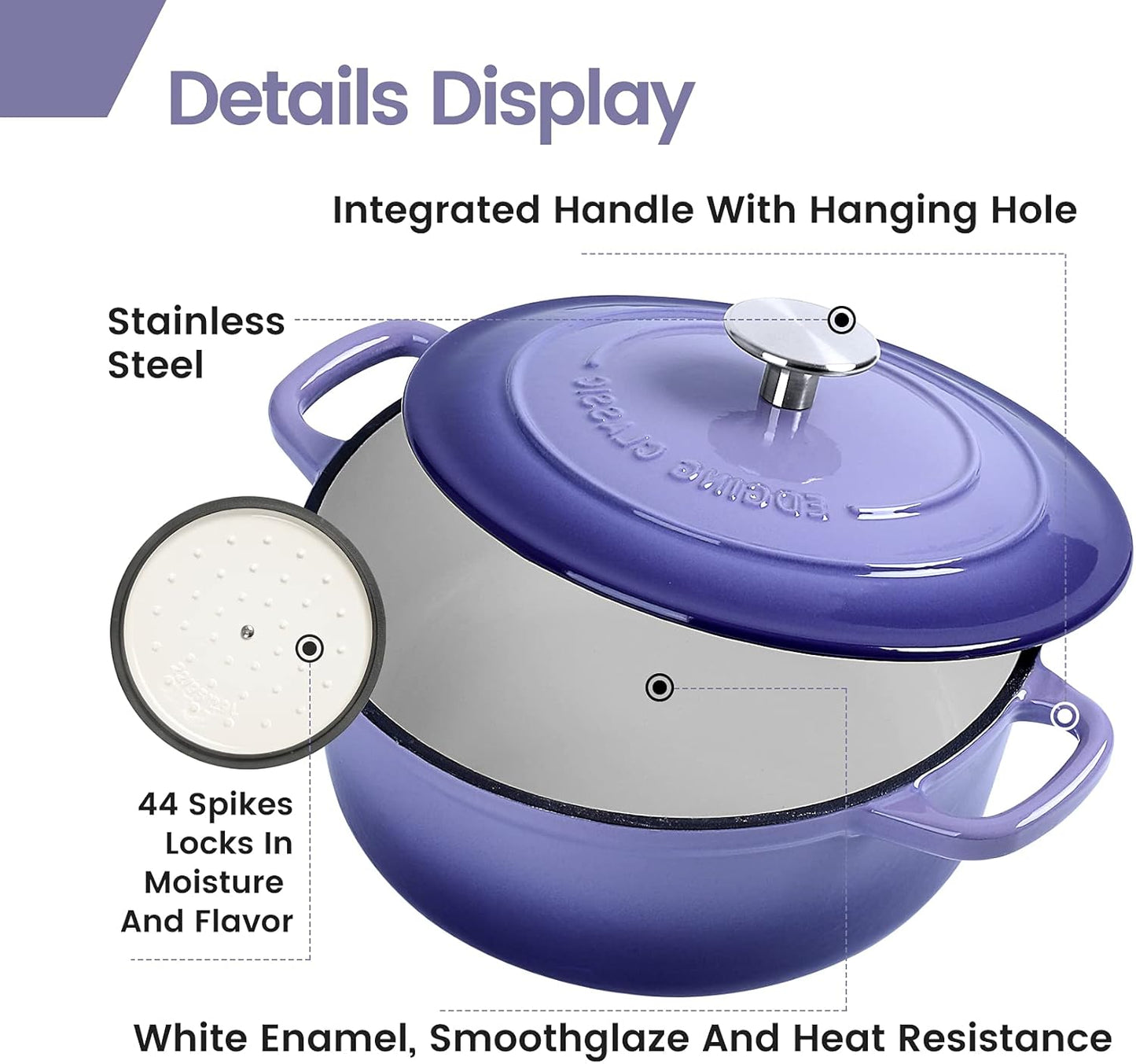 Enameled Cast Iron Covered Dutch Oven with Dual Handle, Dutch Ovens with Lid for Bread Baking, Safe to 500 degrees, 3.5 Quart, Purple