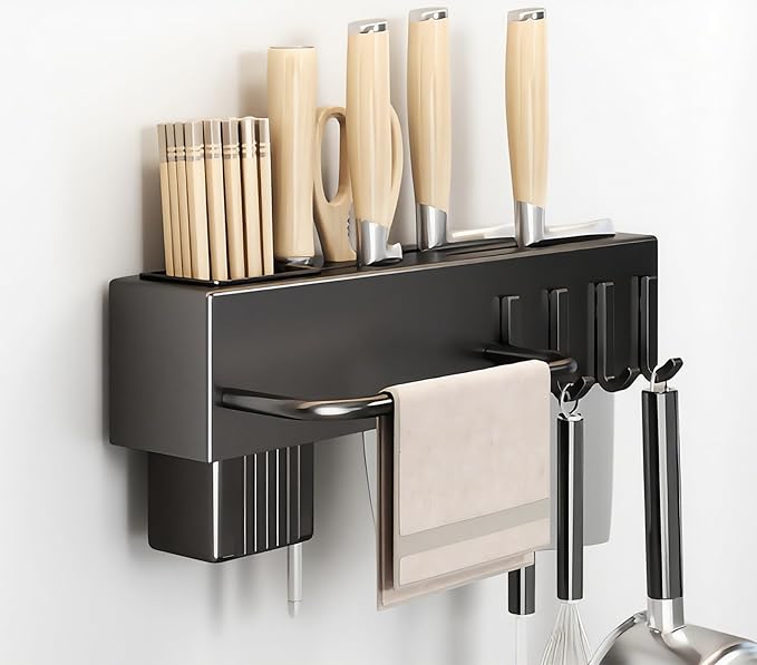 SEIDO Carbon Steel Utensil Rack – Space-Saving 12" L Kitchen Organizer with hooks & hanging bar, Matte Black Knife Holder, 2 Installation Options (Adhesive/Screwed)