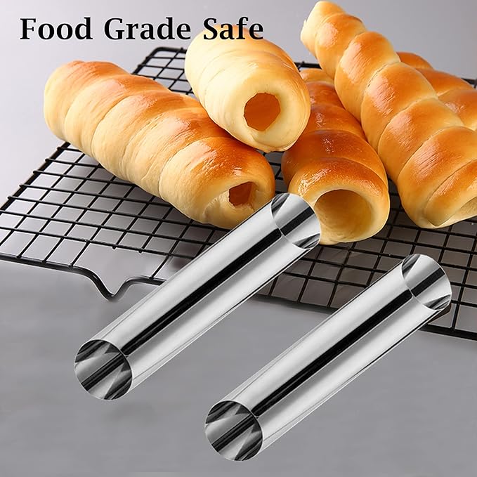Alovexiong Non-stick Cannoli Tubes Molds 6pcs Cream Horn Molds Stainless Steel 4.92 inch Large Cannoli Molds Kit Baking Tubes Cones Pastry Roll Cream Roll Horn Croissant Mold Diagonal Shaped