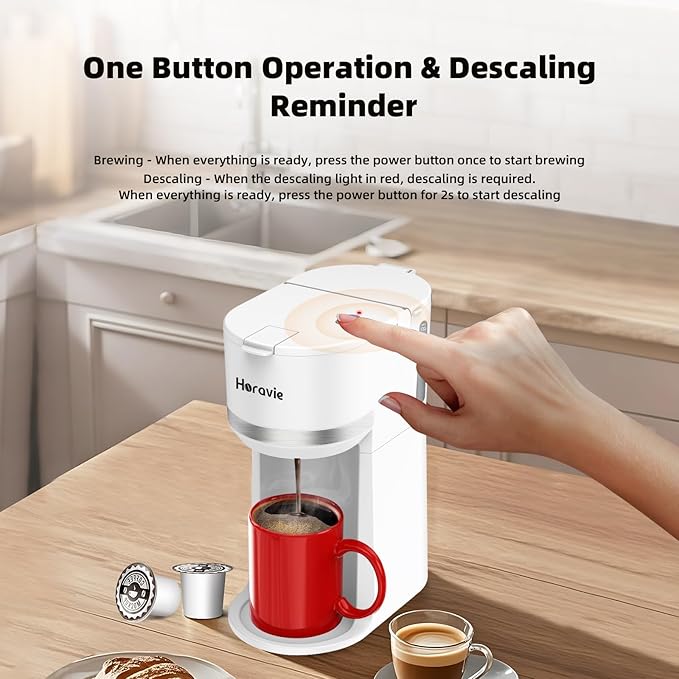Horavie Mini Single Serve Coffee Maker for K-Cup Pod and Ground Coffee, Fast Brew One Cup Coffee Machine with Descaling Reminder and Viewing Tank, 6 to 12 oz. Brew Sizes, White